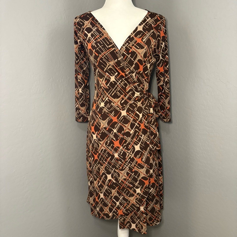 London Times Brown and Orange Geometric Dress Size 8